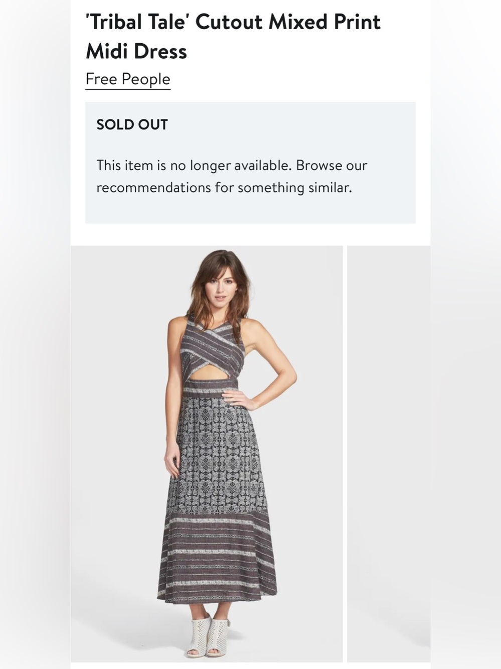 Free People Gray “Tribal Tale” Mixed Print Patterned Cutout Cotton Midi Dress 10